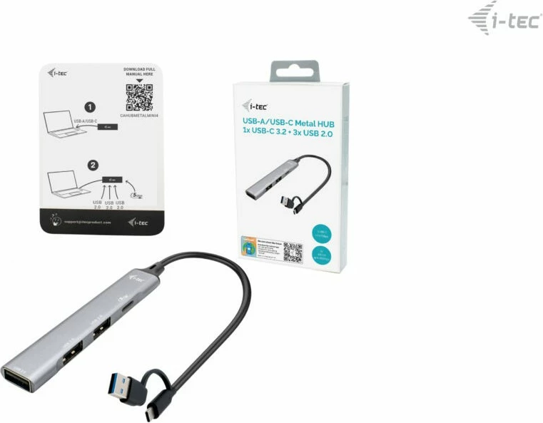 USB HUB I-Tec, 4 porta, USB 3.0/2.0, Type-A/Type-C, 5000 Mbit/s, argjendtë