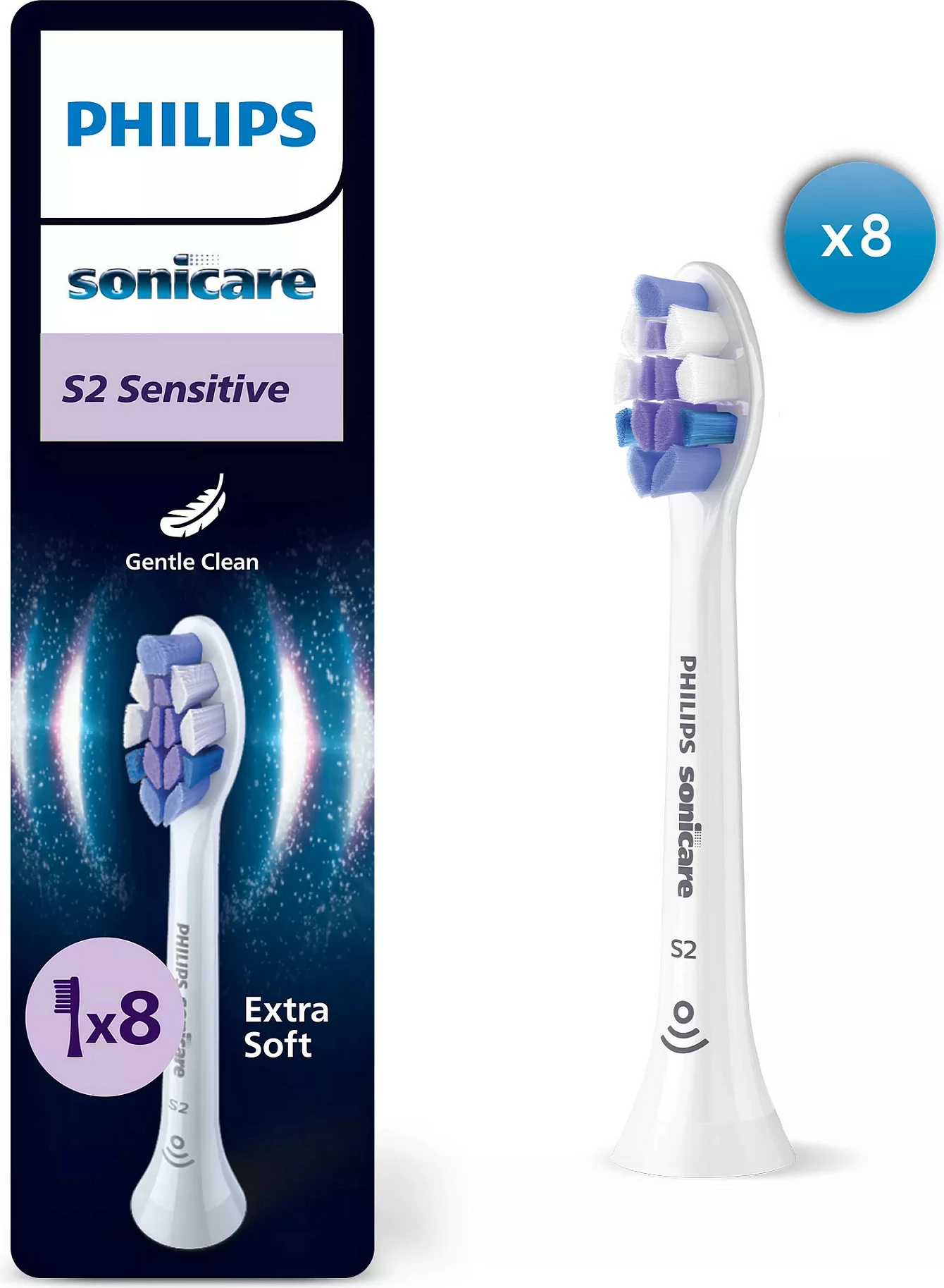 Koka zëvendësuese për furçë dhëmbësh elektrike Philips Sonicare S2 Sensitive HX6058/87, 8 copë, Extra Soft, bardhë/vjollcë-blu