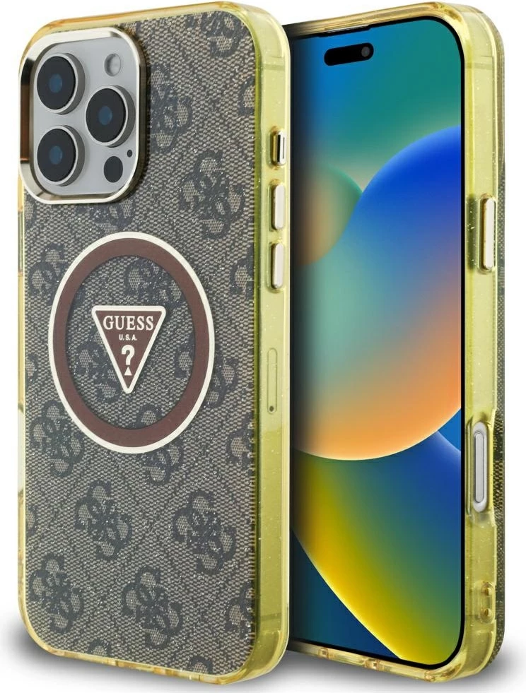 Mbështjellës Guess IML Metal Glitter 4G Circle Triangle MagSafe për iPhone 16 Pro, Kafe