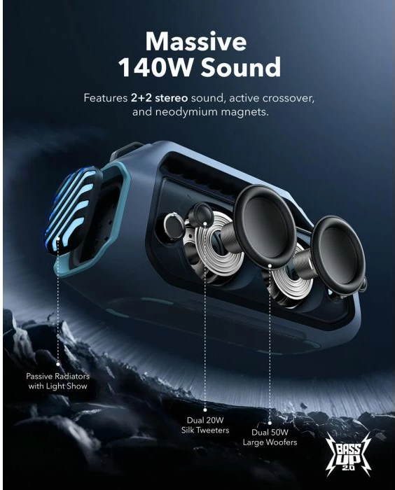 Altoparlant portativ Bluetooth Anker Soundcore BOOM 2 Plus 140W, IPX7, 20 orë, blu