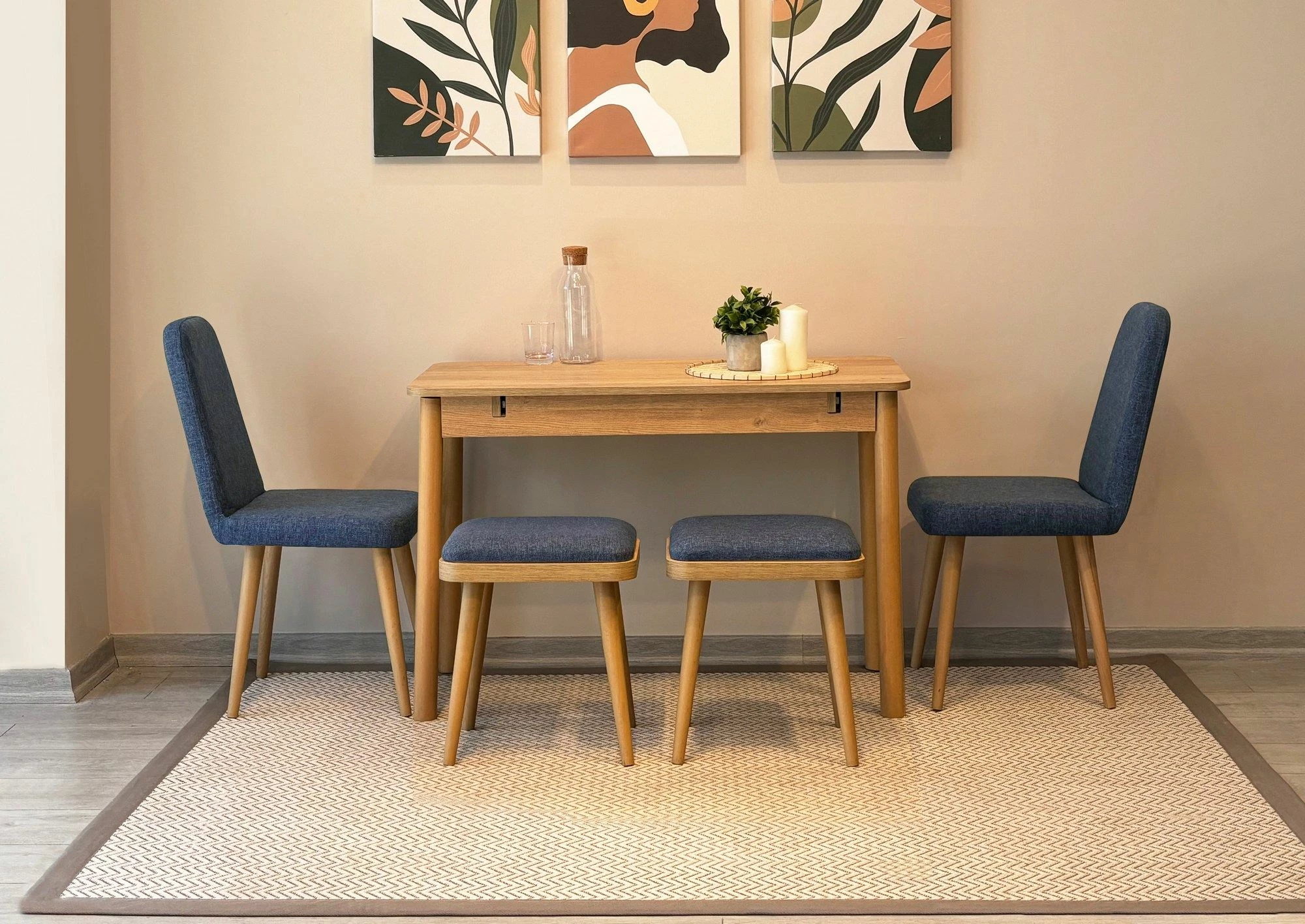 Tavolinë me karrige, set 6 pjesësh, ngjyrë lis dhe kaltër e errët, Vina Mini 03 1048