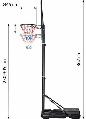 Kosh basketbolli Nils Extreme ZDKA21 i rregullueshëm 2.3-3.05 m, tabelë 110x75 cm, diametër unaze 45 cm, e zezë