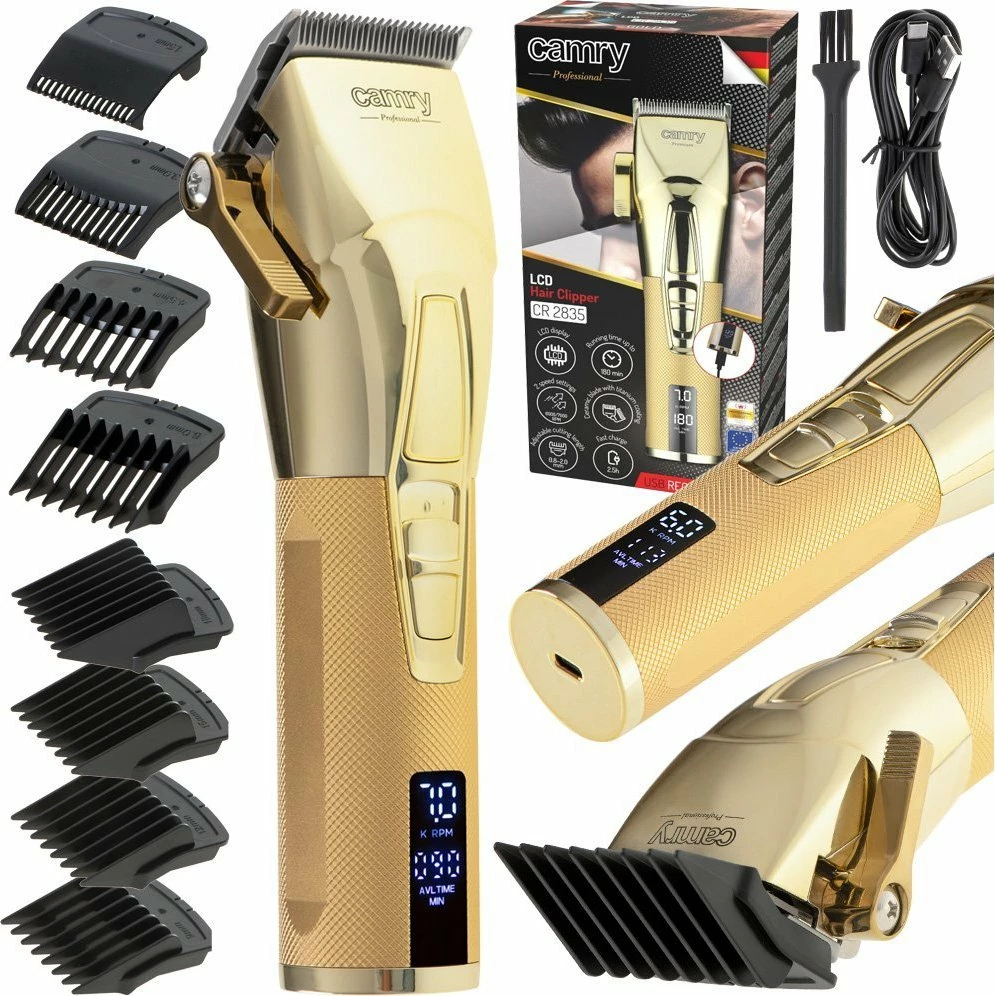 Makinë qethje Camry CR 2835G, 8 nivele 1.5-18 mm, teh qeramik & kokë titaniumi, bateri, USB-C, gold