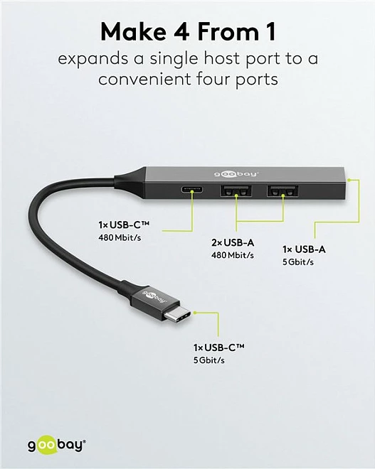 USB hub Goobay Slim, 4 porta, USB-C në USB-C/USB-A, 5 Gbit/s, gri