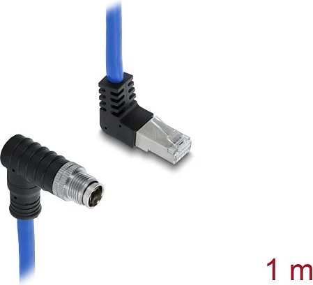 Kabllo rrjeti DeLOCK M12 X-coded 8-pin në RJ45, Cat6a, 1 m, S/FTP, me konektorë të kënduar, blu