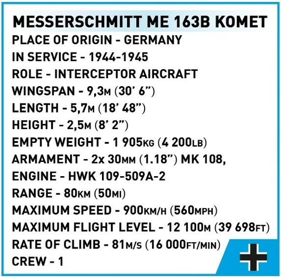 Set ndërtimi Cobi Messerschmitt Me 163B Komet, 543 pjesë, me figurë pilote, shumëngjyrësh
