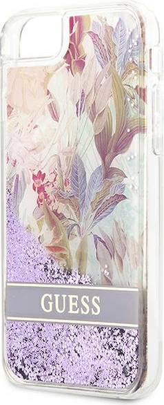 Mbështjellës, Guess, Flower Liquid Glitter, për iPhone SE 2022/SE 2020/7/8, hardcase TPU, me shkëlqim të lëngshëm dhe motiv lulesh, vjollcë