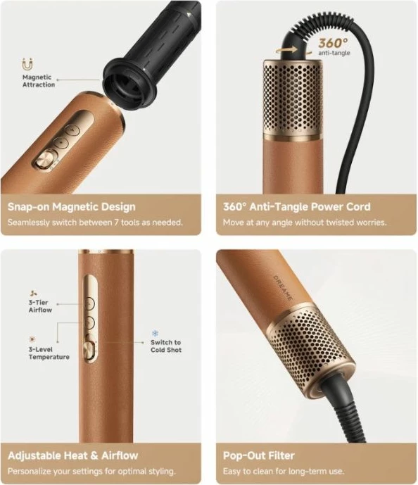 Tharëse flokësh dhe stilues DREAME AirStyle Pro AMF18A-BR, 7-në-1, 1300W, me 7 shtojca, kafe
