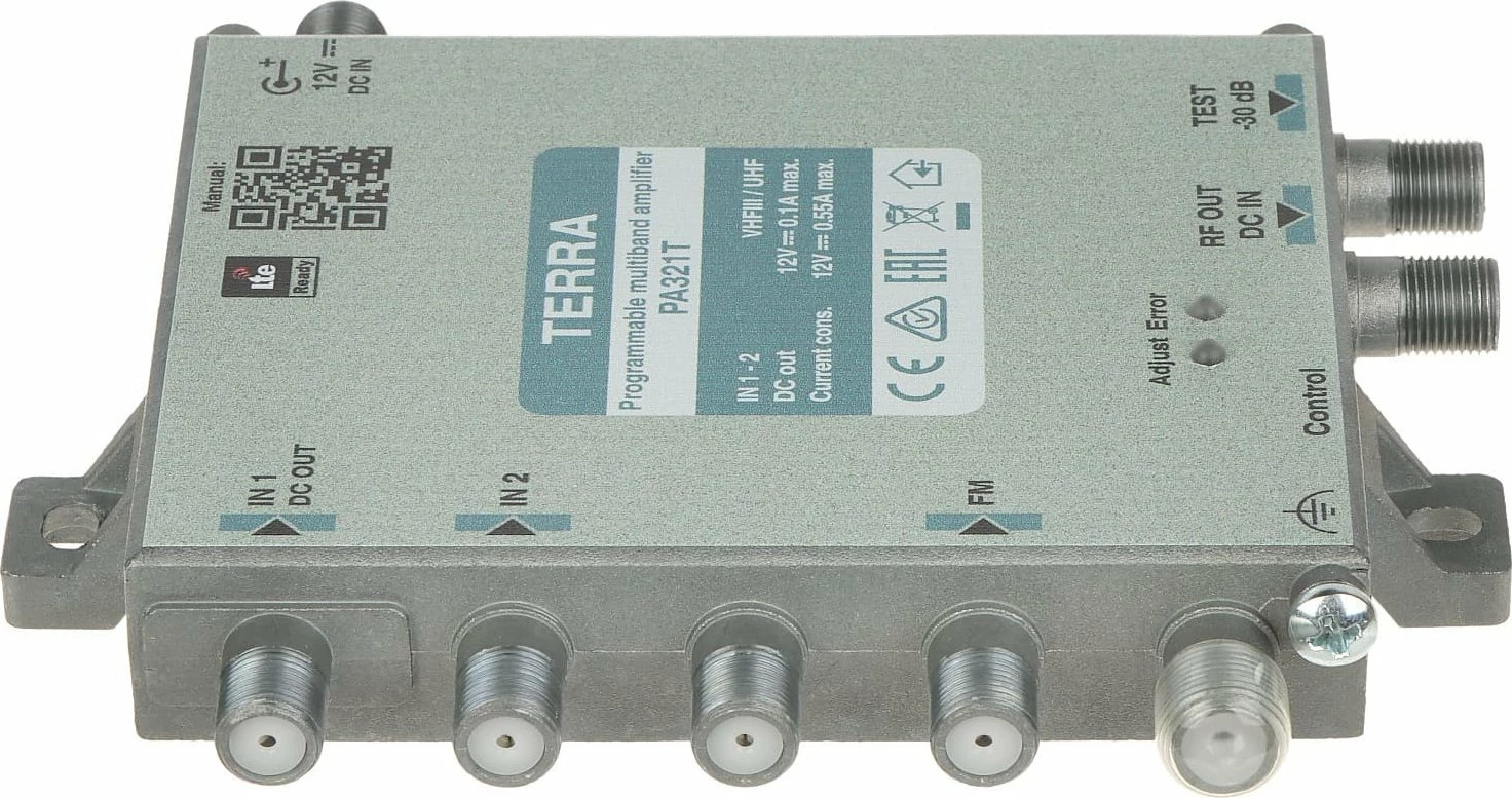 Amplifikator antene Terra PA-321TP, programabil wideband, 20 MUX DVB-T/T2, me AGC dhe filtër LTE/5G, adapter 12V i përfshirë, gri