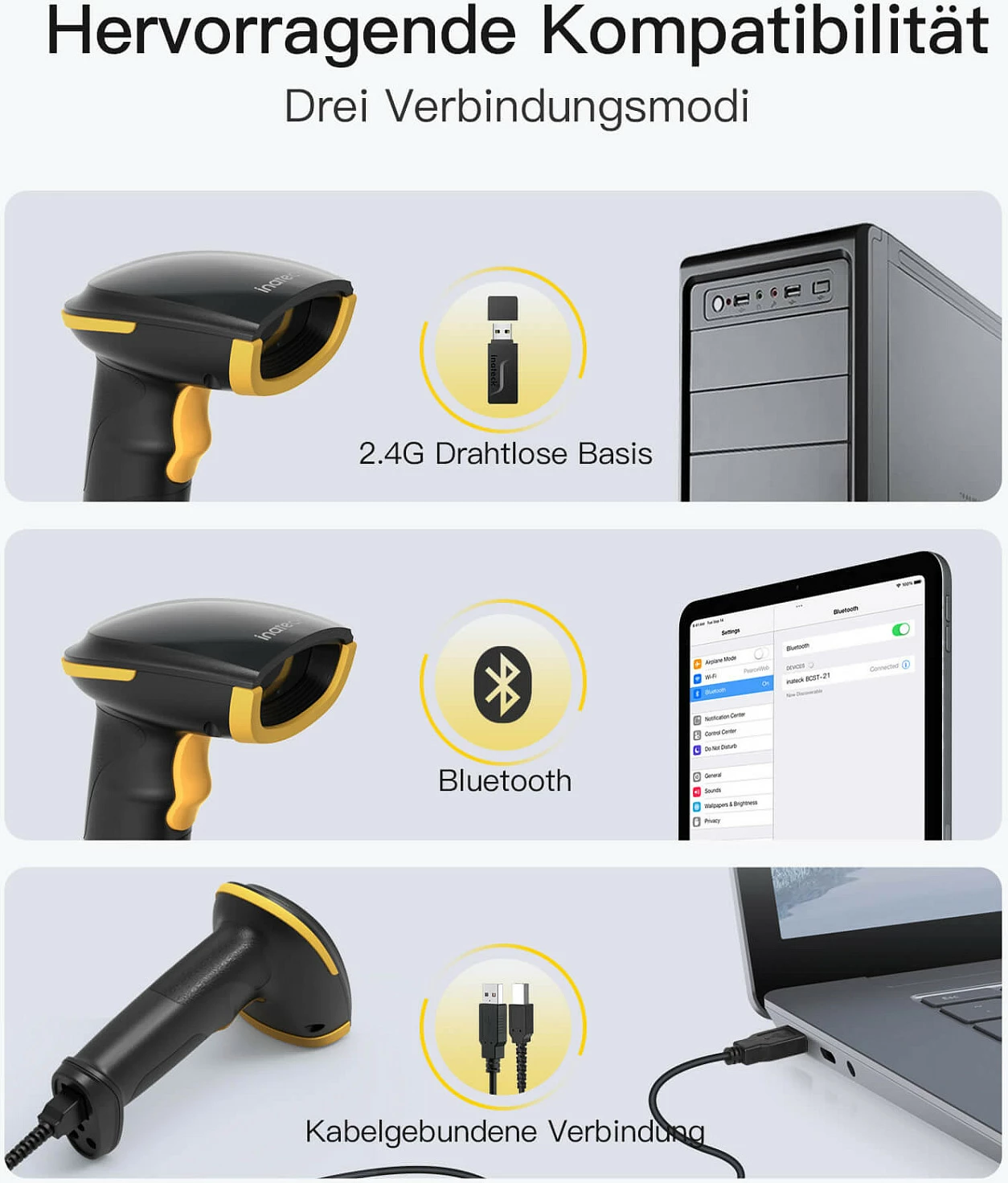 Skaner barkodi Inateck BCST-35, 2D, Bluetooth/USB, 2000mAh, i zi/verdhë