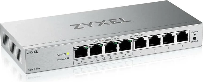 Switch i menaxhueshëm PoE Zyxel GS1200-8HPV3-EU0101F 8xGigabit 4xPoE+ pa ventilator, argjendtë
