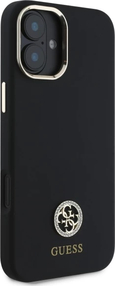 Mbështjellës Guess Silicone Logo Strass 4G për iPhone 16, i zi