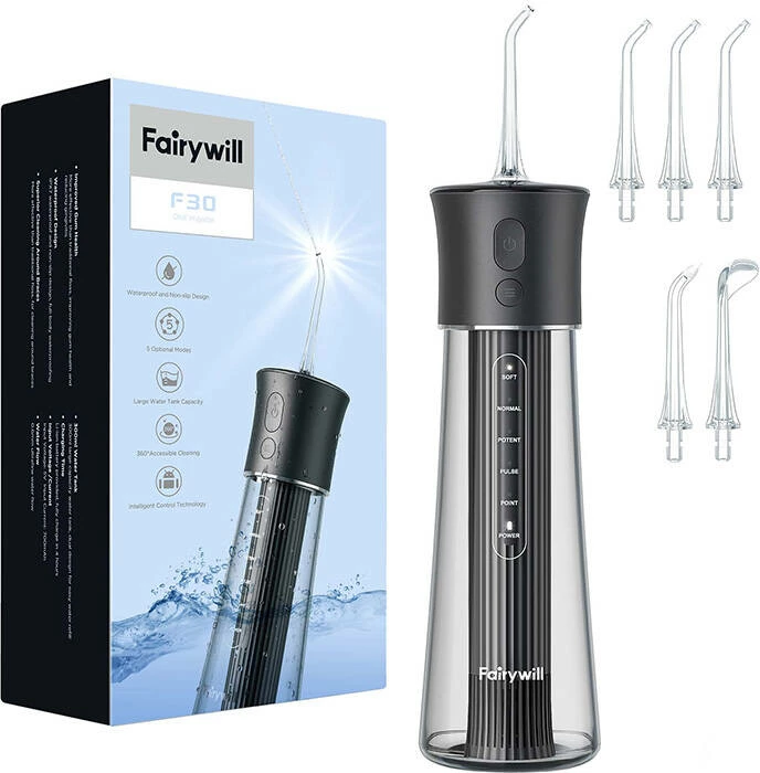 Irrigator dhëmbësh FairyWill F30, portativ, 260 ml, 5 mënyra pune, i zi, me 6 koka