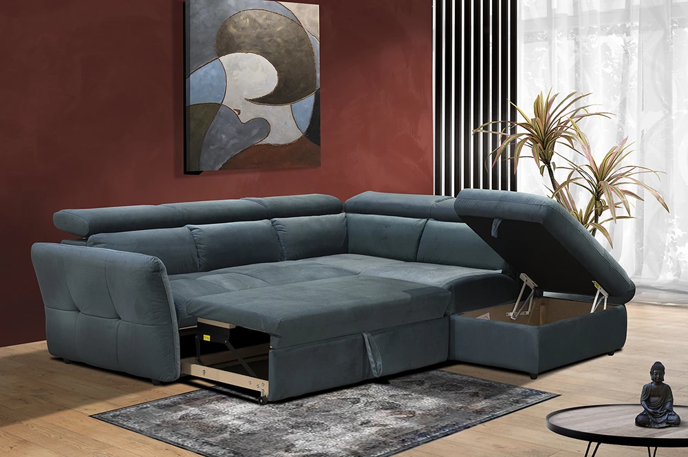 Kënd divan shtrat Monserat, kënd i djathtë, ngjyrë petrol, 254x224x90