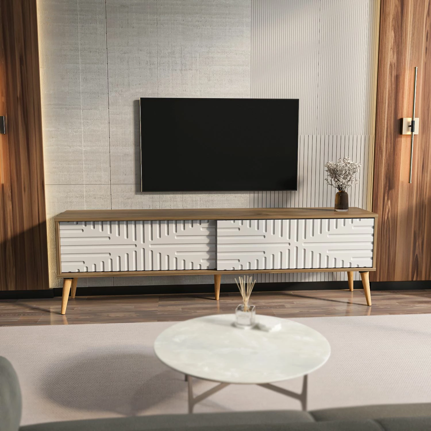 Komodë TV Skye Decor, ngjyrë arre dhe e bardhë
