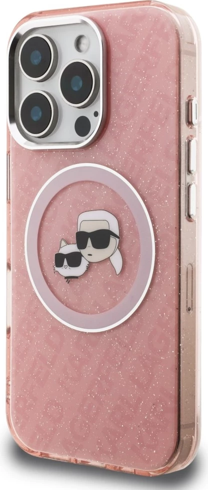 Mbështjellës Karl Lagerfeld IML Glitter Karl & Choupette Heads Logo MagSafe për iPhone 16 Pro Max, rozë, me kuti