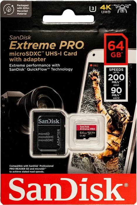 Kartelë memorje microSDXC SanDisk Extreme PRO 64GB, deri 200MB/s leximi & 90MB/s shkrimi, A2 C10 V30 UHS-I U3, me SD adapter, kuqe/zezë