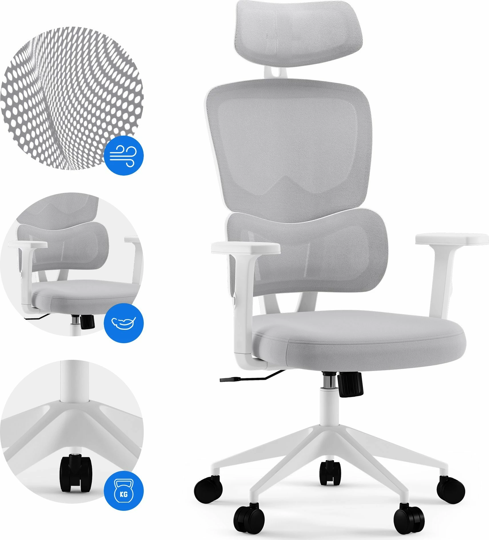 Karrige zyre SENSE7 Veno, me rrjetë ventilimi, mbështetëse qafe, rregullim lartësie 44-54 cm, me rrota, e bardhë