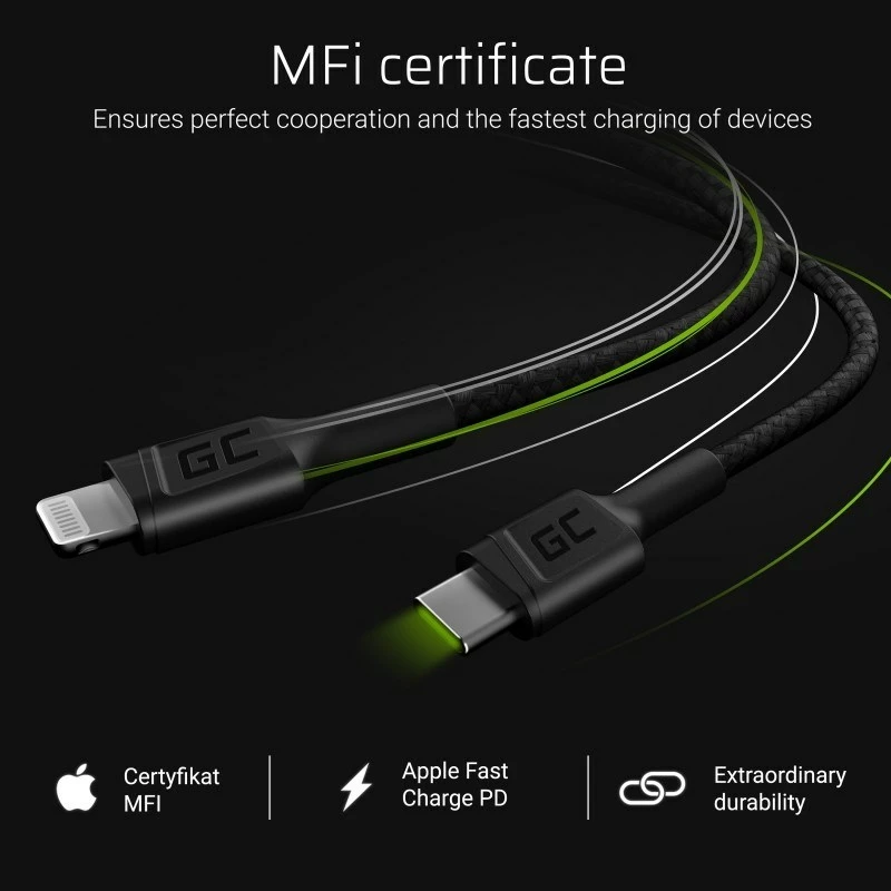 Kabllo Green Cell KABGC07, 1 m, USB-C në Lightning, e zezë