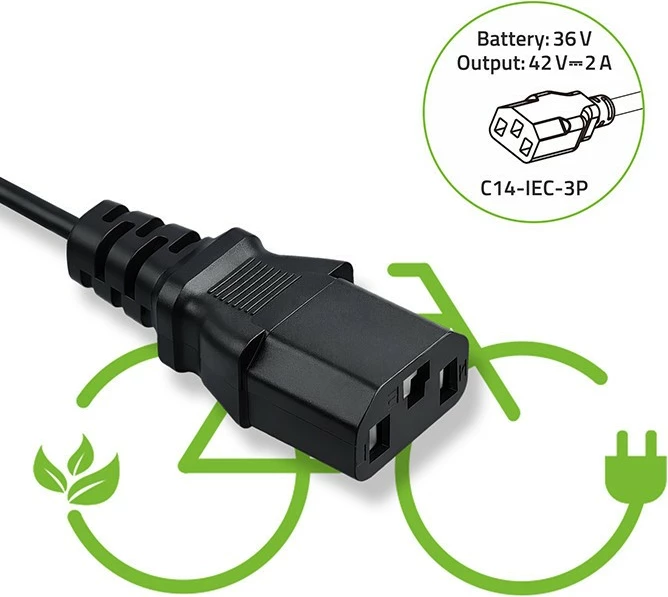 Karikues biçiklete elektrike, Qoltec, 52617, dalje 42V 2A 84W për bateri 36V Li-ion, prizë C14-IEC-3P me kabllo rryme, e zezë