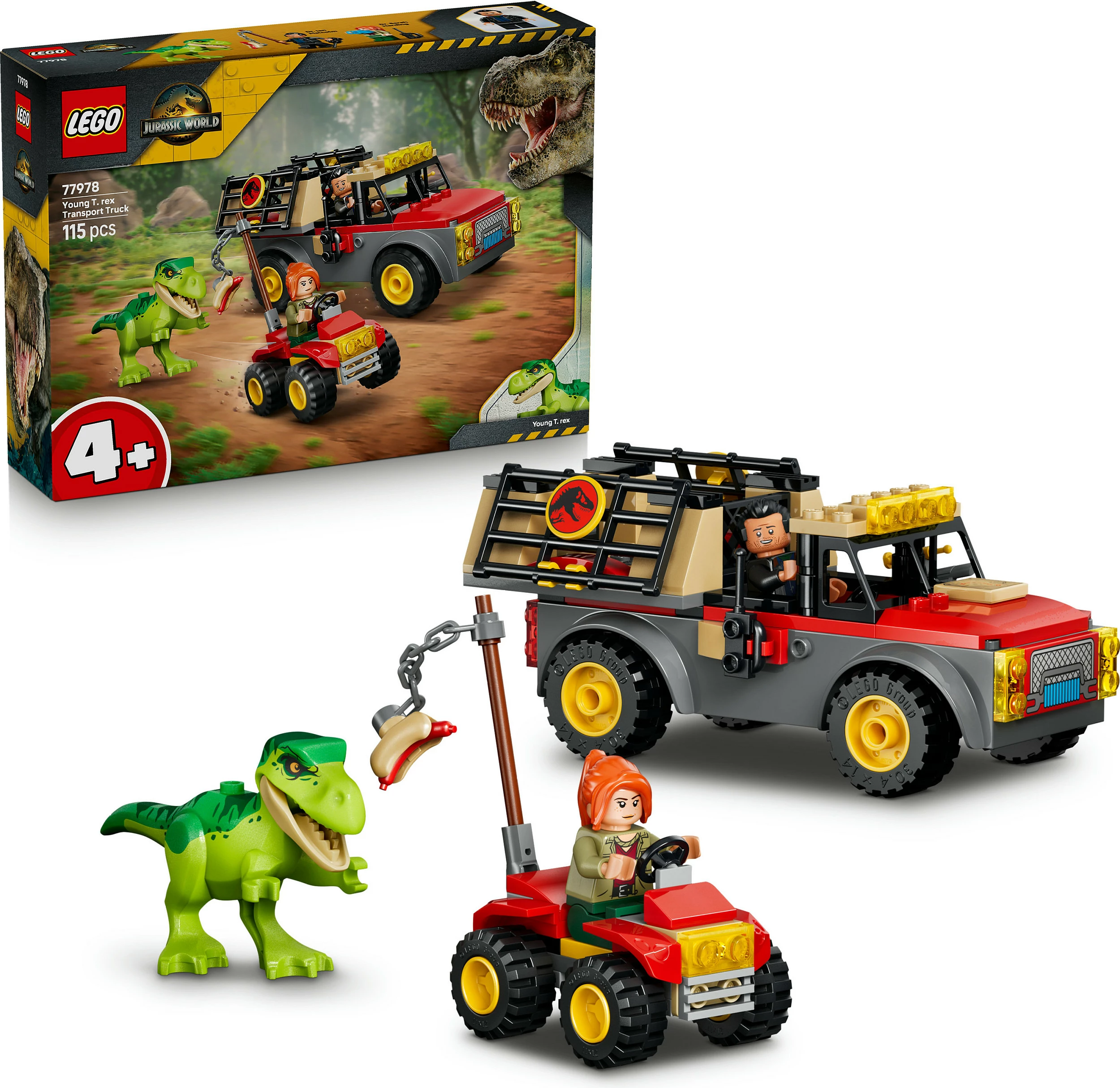 Set LEGO Jurassic World 77978 Young T. rex Transport Truck, 115 copë, kuqe/gri
