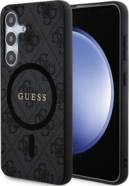 Mbështjellës Guess 4G Collection Leather Metal Logo, MagSafe, hardcase TPU/PC me lëkurë eko për Samsung Galaxy S24, i zi
