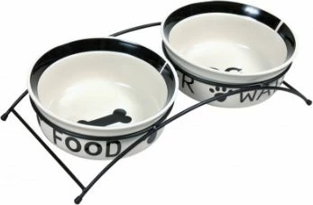 Set tasa qeramike me stendë Trixie Eat on Feet 2x1.6 L Ø20 cm, bardhë/zi