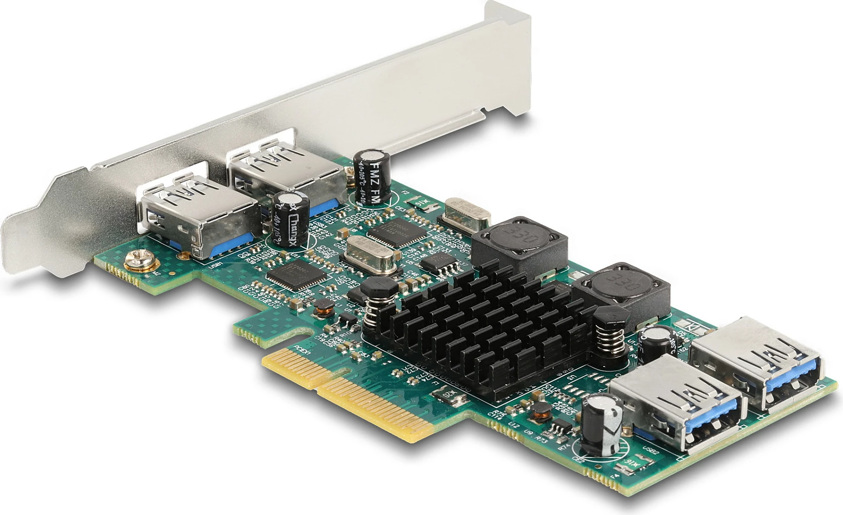 Kartë zgjerimi PCIe DeLOCK, 2x USB-A të jashtme + 2x USB-A të brendshme, USB 3.2 Gen 1 5Gbps, Dual Channel, full-height/low-profile, gjelbër/argjend