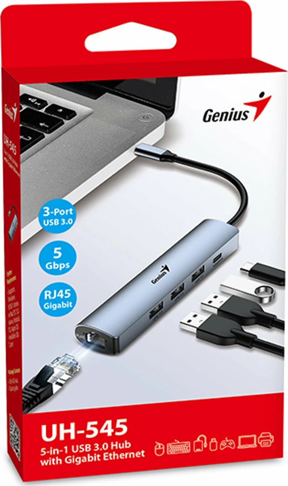 Hub USB-C Genius UH-545, 4 porta (3x USB 3.0, 1x RJ45), gri