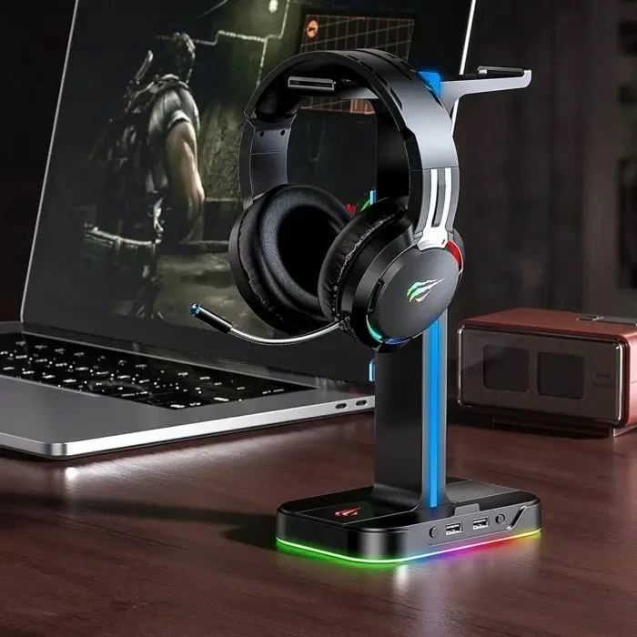 Mbajtës kufjesh HAVIT Gamenote TH650, dual, RGB LED, 2x USB, i zi