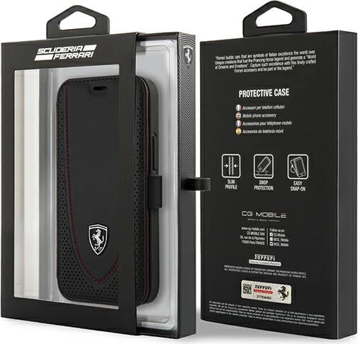 Mbështjellës Ferrari Off Track Perforated FEOGOFLBKP12SBK për iPhone 12 mini 5.4", me kapak, lëkurë natyrale, i zi