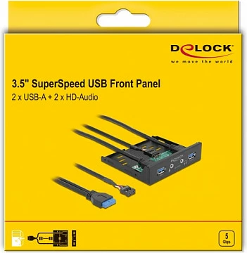 Panel përparmë DeLOCK 3.5", 2x USB 3.2 Gen 1 Type-A + HD-Audio, i zi