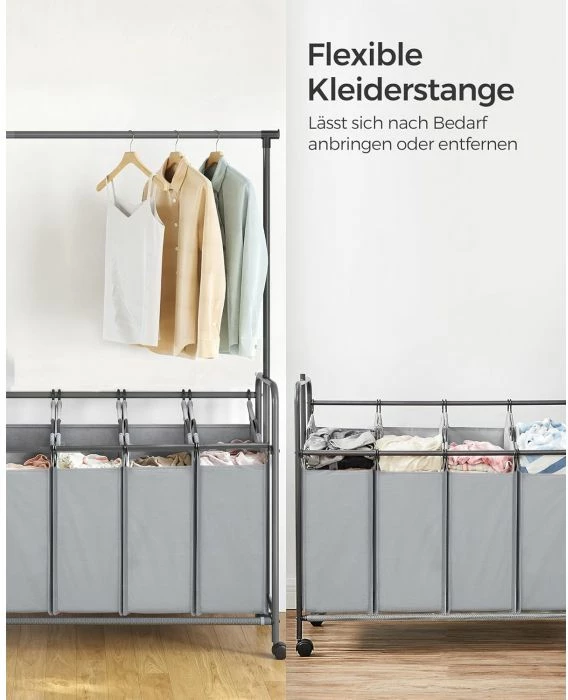 Shportë rrobash SONGMICS RLS44GS, 4 ndarje, 4x50 L (200 L), me rrota dhe frenë, me shufër varëse, gri