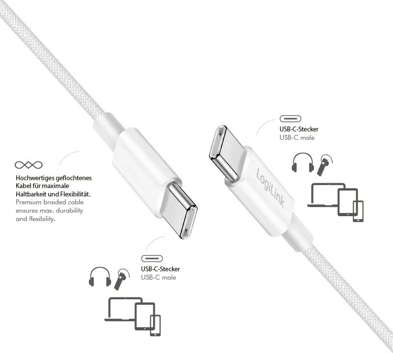 Kabëll USB-C LogiLink 1m, najlon, bardhë