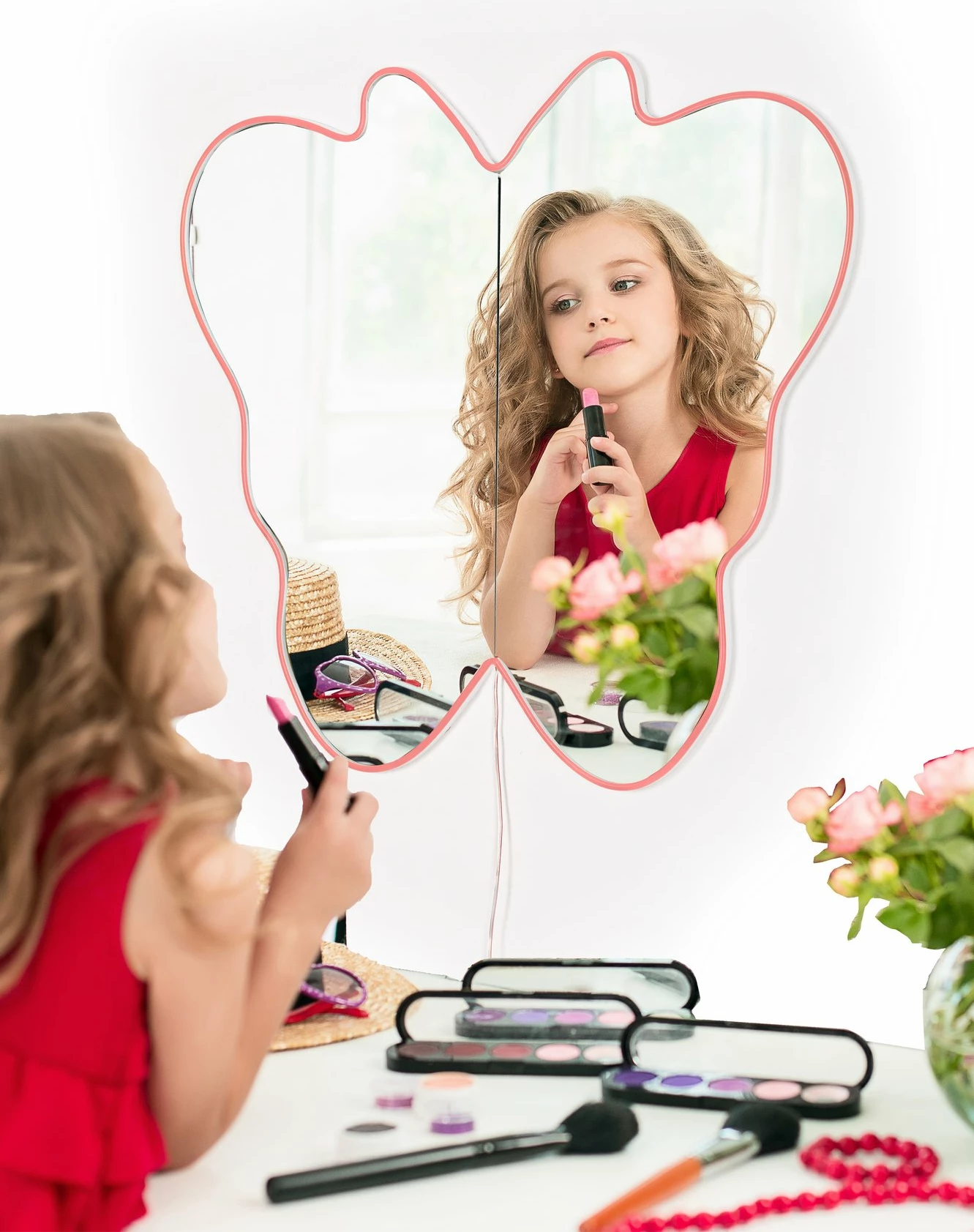 Pasqyrë me ndriçim LED, formë fluture, ngjyrë rozë-argjend, Skye Decor, 57x50cm, 2 copë