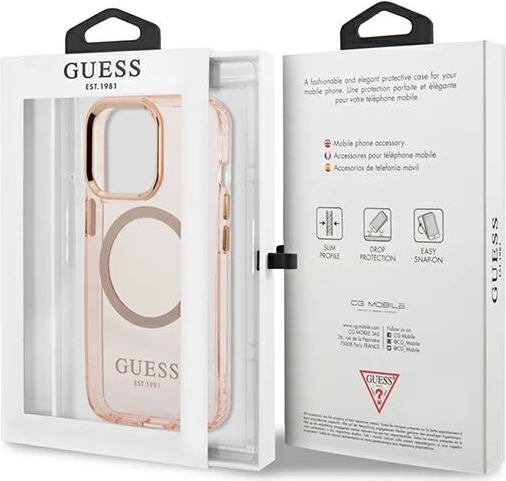 Mbështjellës Guess Gold Outline Translucent MagSafe për iPhone 13 Pro Max, rozë