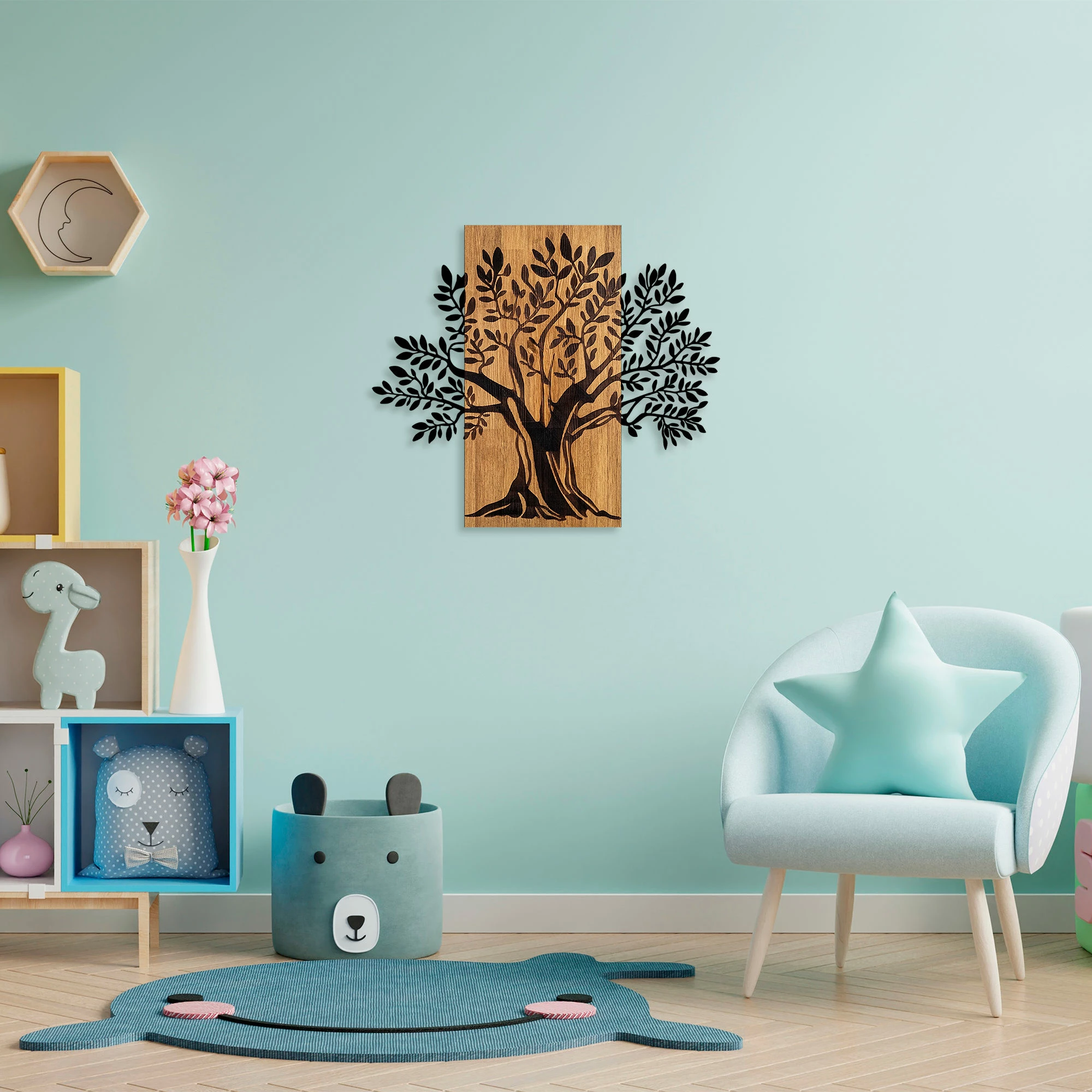 Aksesor dekorativ për mur, dru dhe metal, pemë monumentale, Wallity