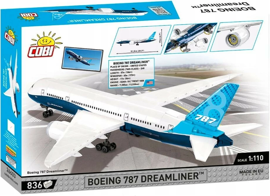 Set blloqesh ndërtimi Cobi Klocki Boeing 787 Dreamliner, 836 pjesë, Blu/Bardhë