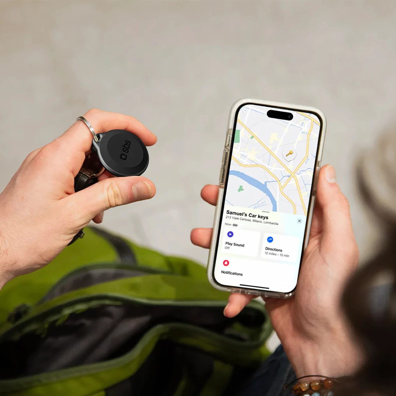 Tracker SBS Track My Circle, i papërshkueshëm nga uji IP65, kompatibil me Apple Find My, i zi