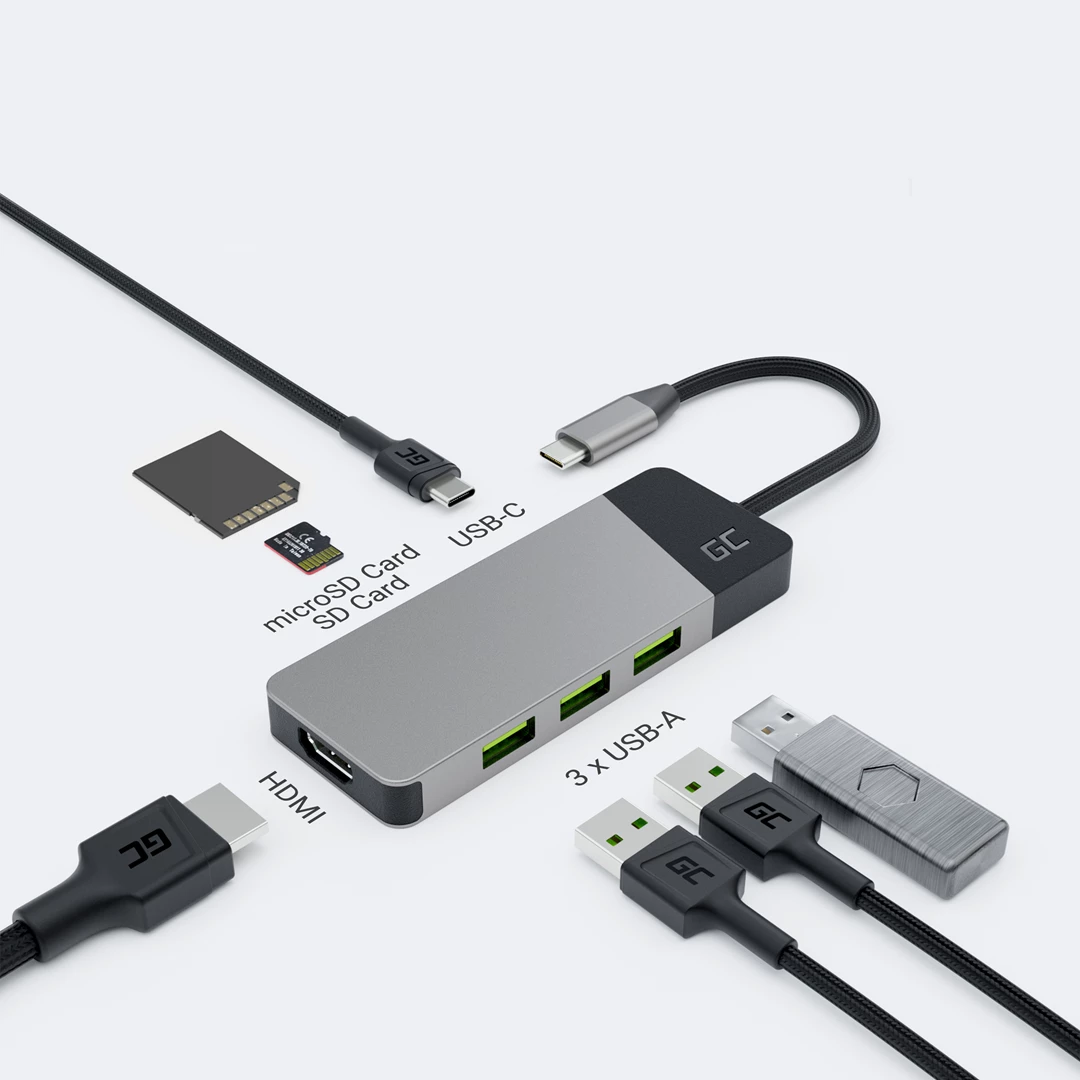 Shpërndarës USB Green Cell, HDMI 4K, USB-C, MICROSD