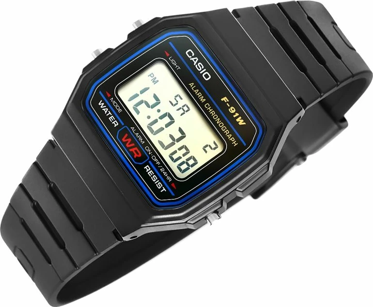 Orë dore për meshkuj CASIO F-91W, e zezë, me kuti