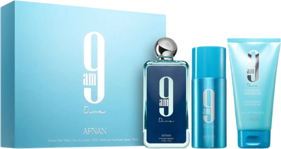 Set Eau de Parfum, Shower Gel, Deodorant Spray Afnan 9AM Dive, 100ml + 150ml + 150ml
