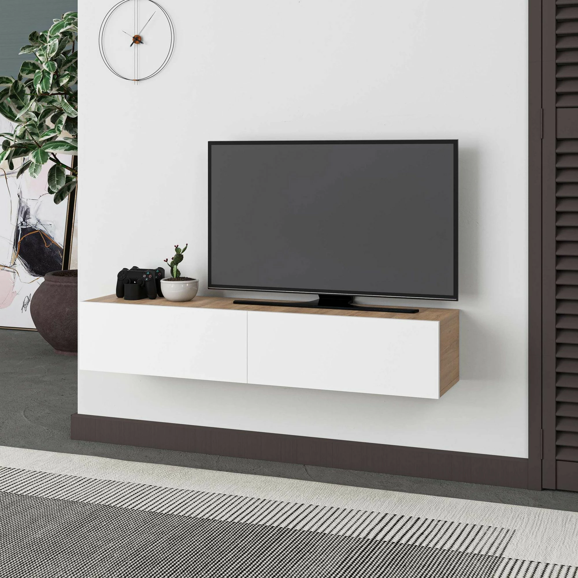 Komodë TV Francy 135, ngjyrë lis safir dhe e bardhë, Skye Decor