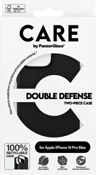 Mbështjellës PanzerGlass CARE Feature Double Defense për iPhone 16 Pro, Zi