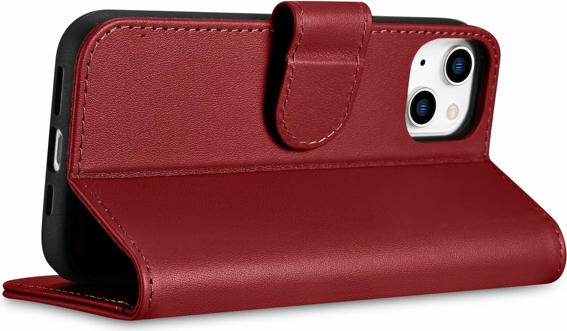 Mbështjellës iCarer Wallet Case 2in1 për iPhone 14 Plus, lëkurë natyrale, Anti-RFID, Kuq