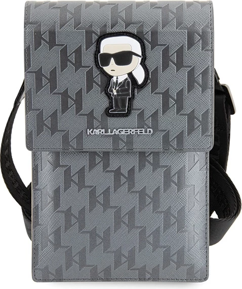 Çantë për celular Karl Lagerfeld Saffiano Monogram Ikonik, argjendtë