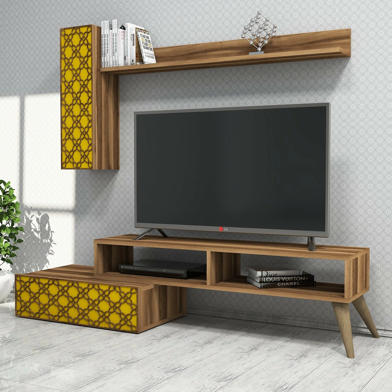 Njësi televizori Skye Decor, ngjyrë arre, e verdhë