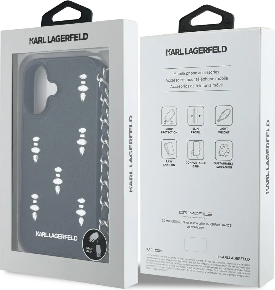 Mbështjellës Karl Lagerfeld Saffiano Crystals me zinxhir për iPhone 16, i zi