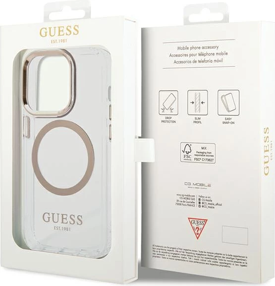 Mbështjellës Guess Metal Outline Magsafe për iPhone 15 / 14 / 13, Gold