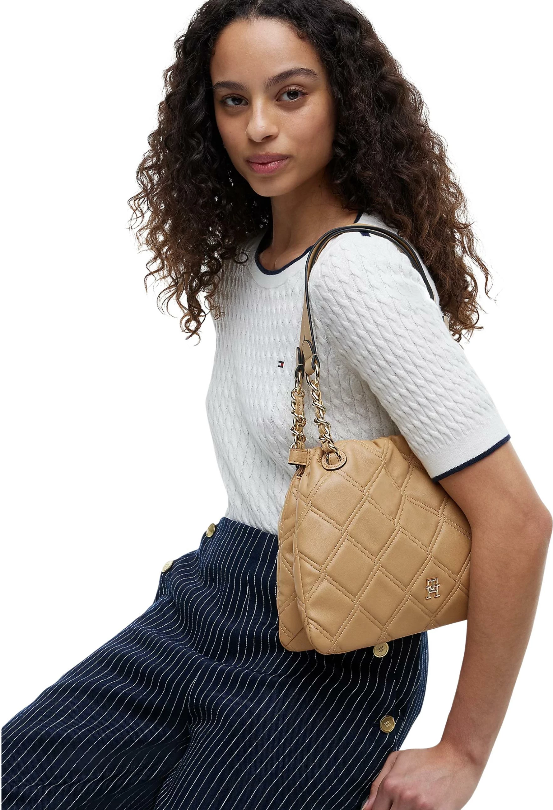 Çantë tote për femra Tommy Hilfiger TH Feminine Mini Tote AW0AW18716, ngjyrë baltë